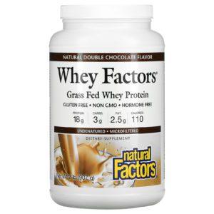 Natural Factors, Whey Factors, Proteína de suero de leche proveniente de animales alimentados con pasturas, Doble chocolate natural, 907 g (2 lb)