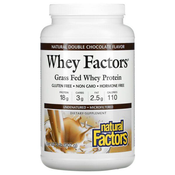 Natural Factors, Whey Factors, Proteína de suero de leche proveniente de animales alimentados con pasturas, Doble chocolate natural, 907 g (2 lb)
