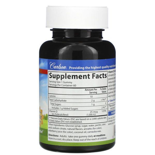 Carlson Labs, Vitamin D3 Gummies, Natural Fruit Flavors, 25 mcg (1,000 IU), 60 Gummies - Imagen 2