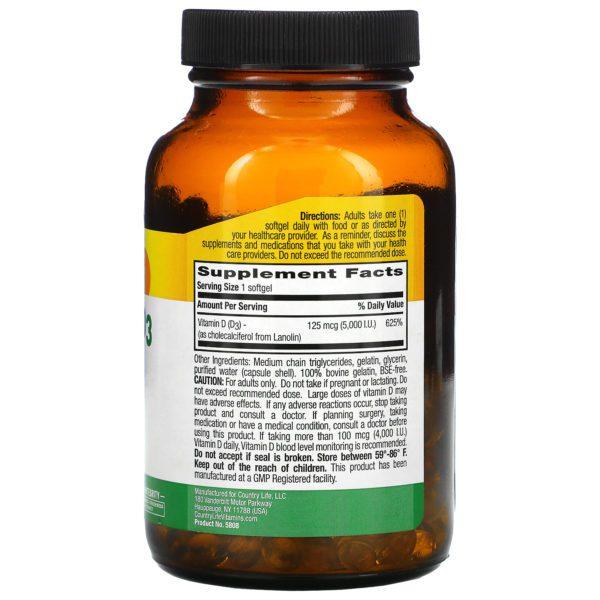 Country Life, Vitamina D3, 125 mcg (5000 UI), 200 cápsulas blandas - Imagen 2
