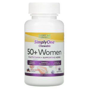 Super Nutrition, SimplyOne, Mujeres mayores de 50 años, Suplemento multivitamínico más hierbas de refuerzo, Bayas silvestres, 90 comprimidos masticables