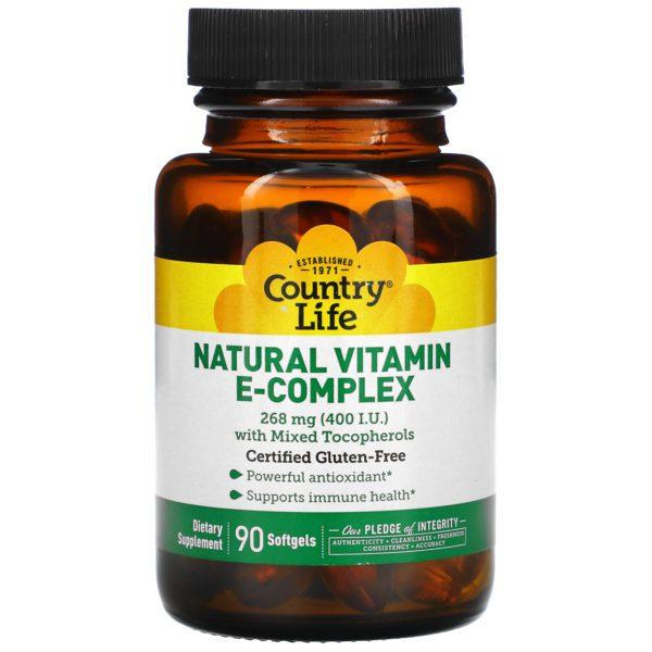 Country Life, Complejo de vitamina E natural con tocoferoles mixtos, 268 mg (400 UI), 90 cápsulas blandas