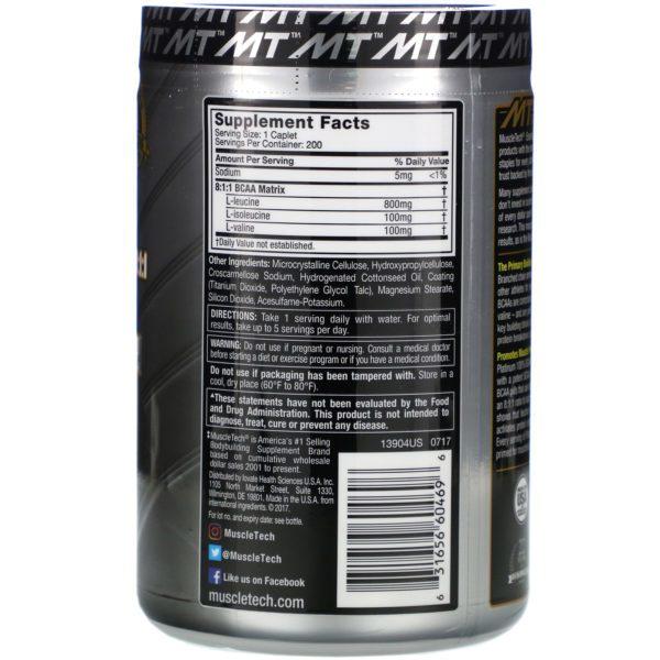 Muscletech, Platinum 100% BCAA 8:1:1, 1,000 mg, 200 Caplets - Imagen 2