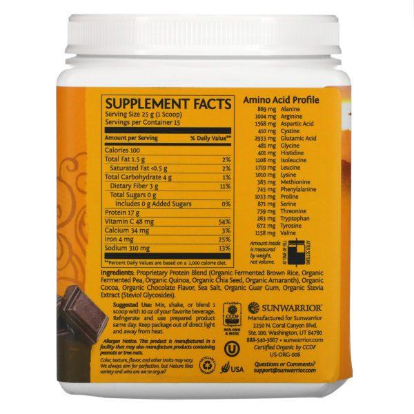 Sunwarrior, Proteína Classic Plus, a base de plantas orgánicas, chocolate, 13.2 oz (375 g) - Imagen 2