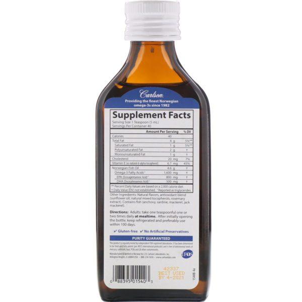 Carlson Labs, Norwegian, The Very Finest Fish Oil, Natural Lemon Flavor, 1,600 mg, 6.7 fl oz (200 ml) - Imagen 2