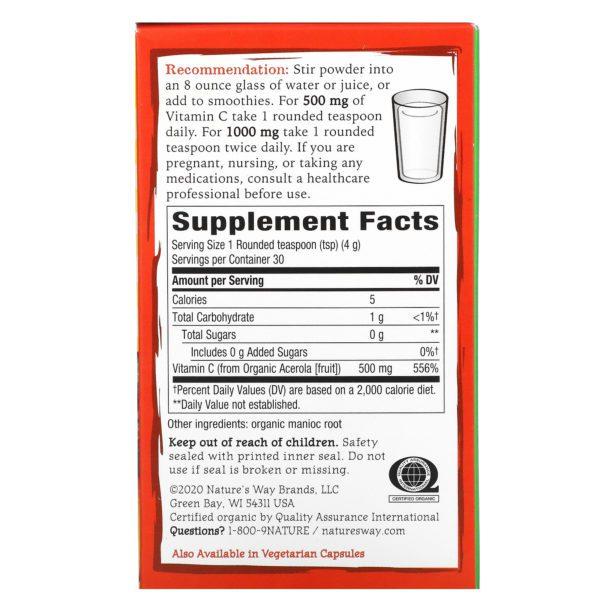 Nature's Way, Alive!, Fruit Source, Vitamin C, Drink Mix Powder, Organic Acerola Fruit , 4.23 oz (120 g) - Imagen 2