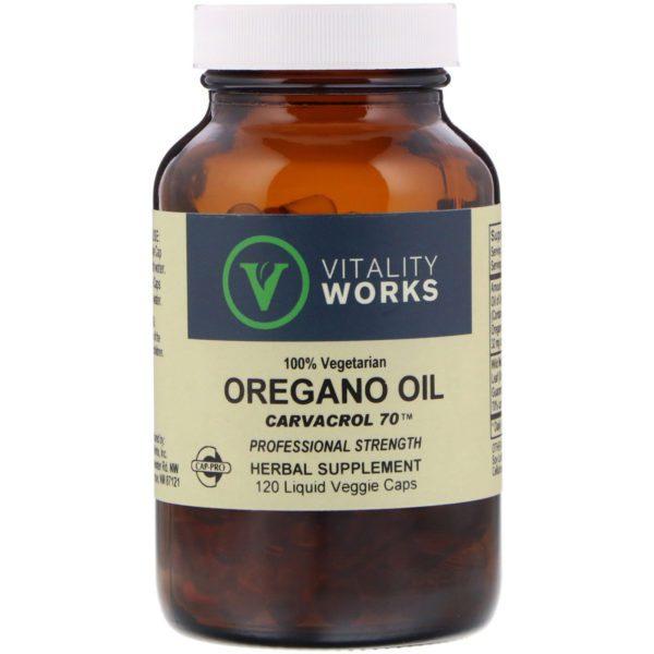 Vitality Works, Aceite de orégano, Carvacrol 70, 120 capsulas líquidas vegetarianas