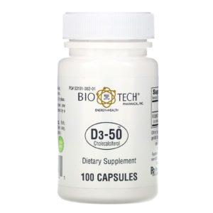 Bio Tech Pharmacal, D3-50, Colecalciferol, 100 cápsulas