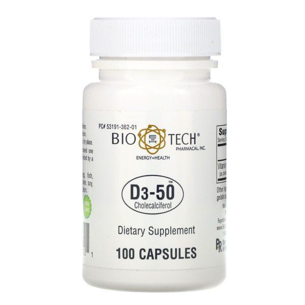 Bio Tech Pharmacal, D3-50, Colecalciferol, 100 cápsulas