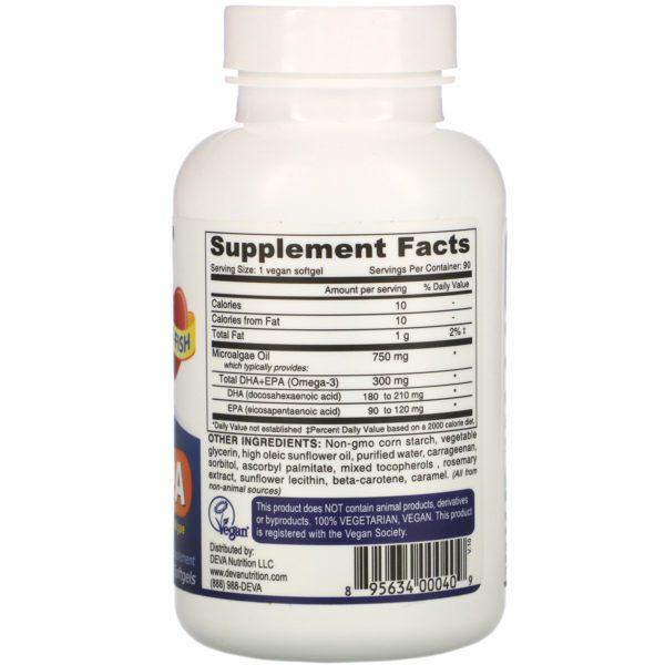 Deva, Vegan Omega-3, DHA-EPA, 300 mg, 90 cápsulas blandas vegetarianas - Imagen 2