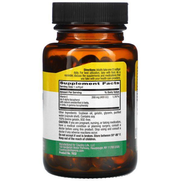 Country Life, Complejo de vitamina E natural con tocoferoles mixtos, 268 mg (400 UI), 90 cápsulas blandas - Imagen 2
