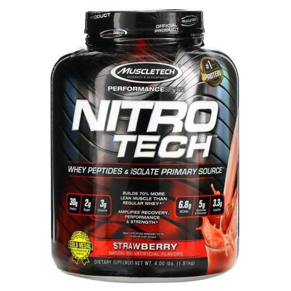 Muscletech, Línea para mejorar el rendimiento, Nitro Tech, Péptidos de suero de leche y aislado como fuente primaria, Fresa, 1,81 kg (4,00 lb)
