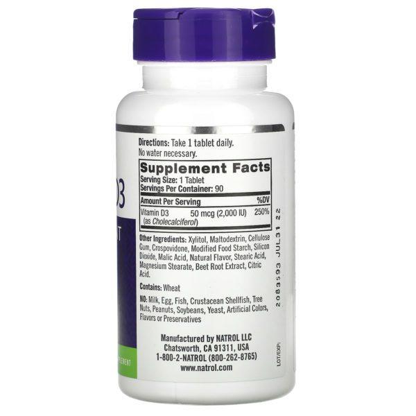 Natrol, Vitamin D3, Bone & Joint Health, Strawberry , 2,000 IU, 90 Tablets - Imagen 2