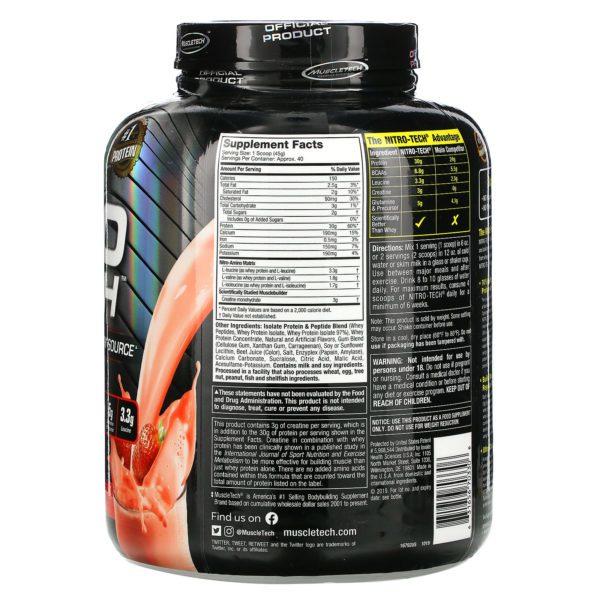 Muscletech, Línea para mejorar el rendimiento, Nitro Tech, Péptidos de suero de leche y aislado como fuente primaria, Fresa, 1,81 kg (4,00 lb) - Imagen 2