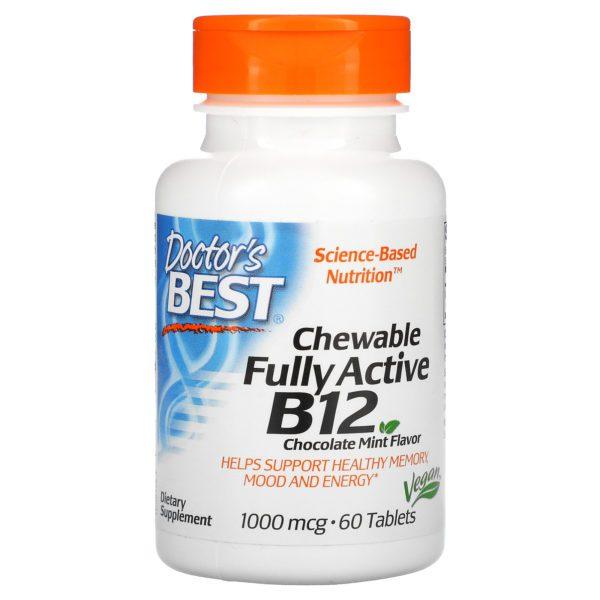 Doctor's Best, Vitamina B12 masticable totalmente activa, Menta y Chocolate, 1000 mcg, 60 comprimidos