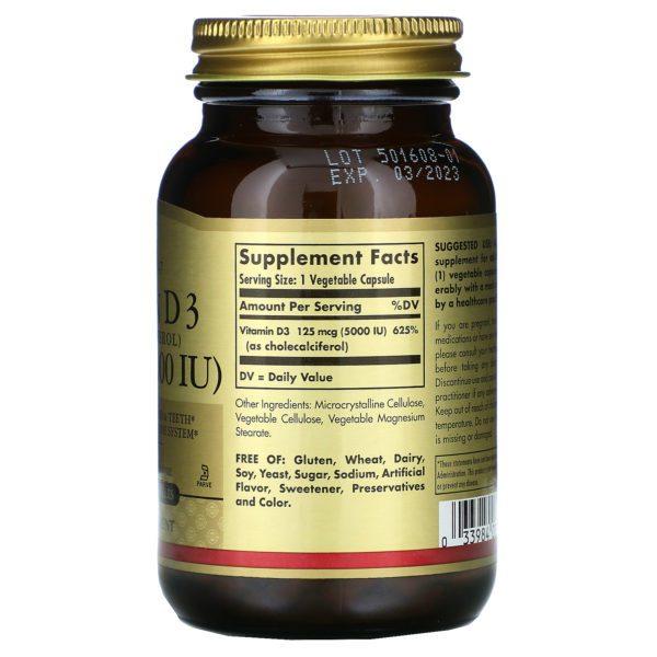 Solgar, Vitamina D3 (colecalciferol), 125 mcg (5000 UI), 120 cápsulas vegetales - Imagen 2