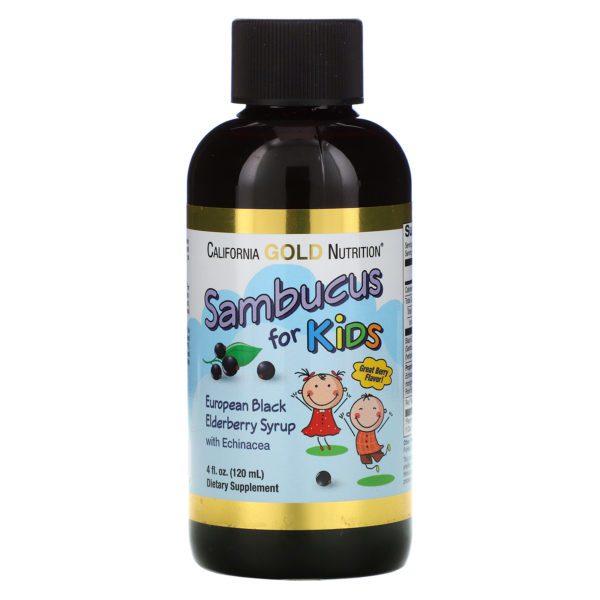 California Gold Nutrition, Sambucus para niños, Jarabe de saúco negro europeo con equinácea, 120 ml (4 oz. líq.)