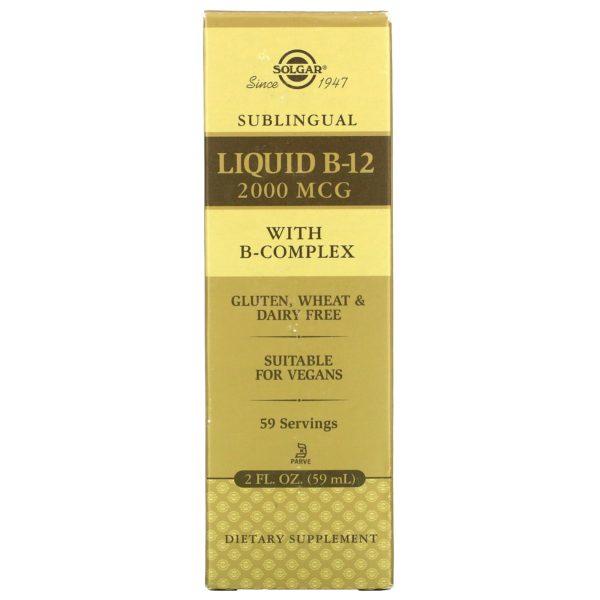 Solgar, Sublingual, Líquido B-12, 2000 MCG, 2 fl oz (59.2 ml)