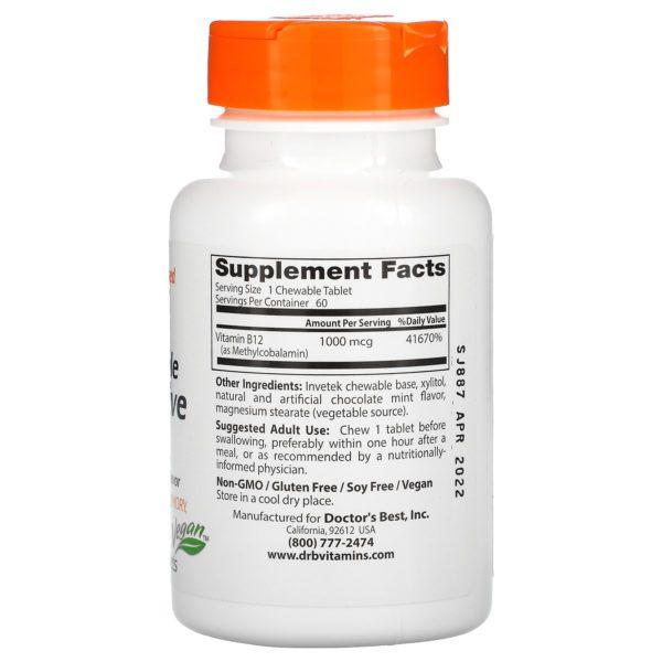Doctor's Best, Vitamina B12 masticable totalmente activa, Menta y Chocolate, 1000 mcg, 60 comprimidos - Imagen 2