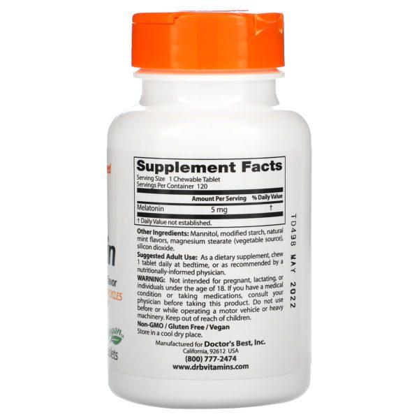 Doctor's Best, Melatonina, Menta natural, 5 mg, 120 comprimidos masticables - Imagen 2
