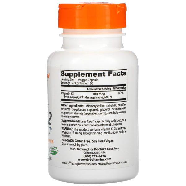Doctor's Best, Vitamina K2 natural en forma de MK-7 con MenaQ7, 100 mcg, 60 cápsulas vegetales - Imagen 2