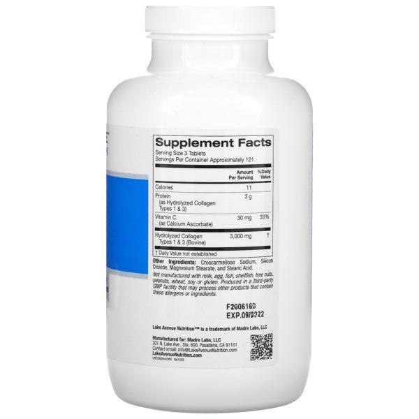 Lake Avenue Nutrition, Colágeno hidrolizado de tipo 1 y 3, 1000 mg, 365 comprimidos - Imagen 2