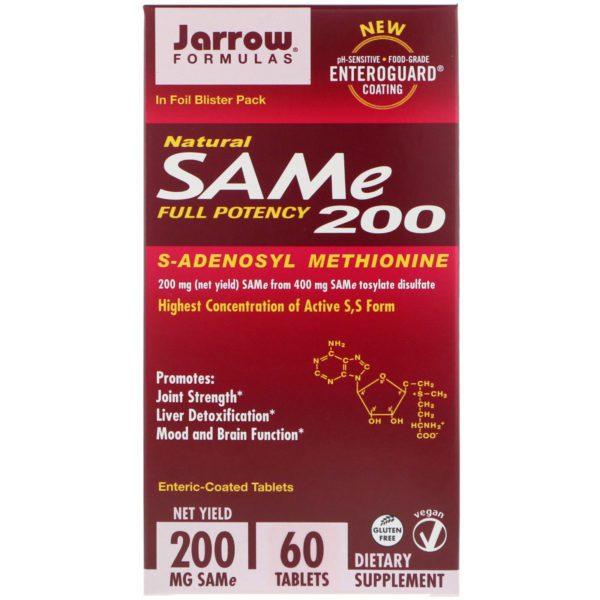 Jarrow Formulas, SAMe (S-adenosil-L-metionina) natural 200, 200 mg, 60 comprimidos con recubrimiento entérico