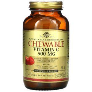 Solgar, Vitamina C masticable, Sabor frambuesa natural, 500 mg, 90 tabletas masticables