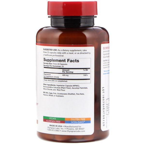 Olympian Labs, Citrato de magnesio, 400 mg, 100 cápsulas vegetarianas - Imagen 2