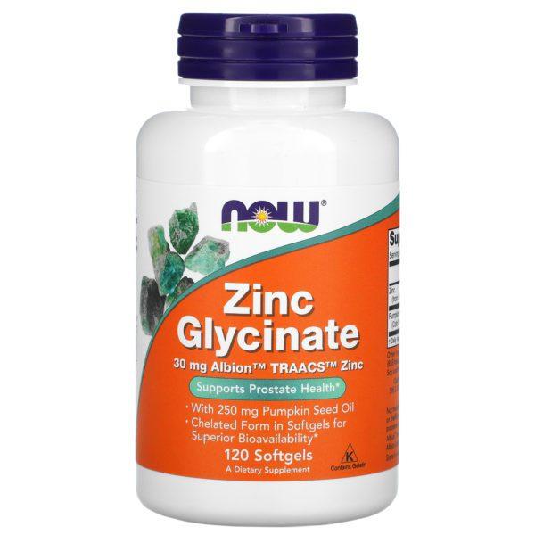Now Foods, Glicinato de zinc, 120 cápsulas blandas