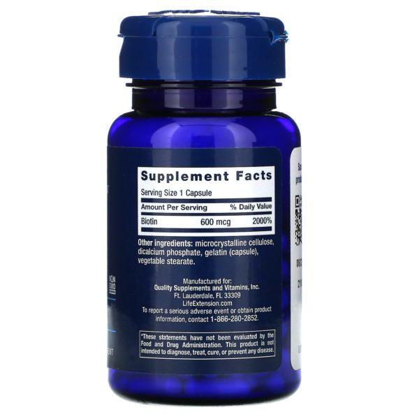 Life Extension, Biotina, 600 mcg, 100 cápsulas - Imagen 2