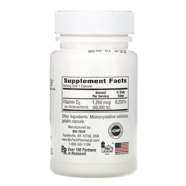 Bio Tech Pharmacal, D3-50, Colecalciferol, 100 cápsulas - Imagen 2