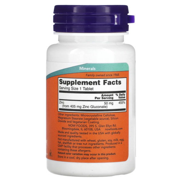 NOW Foods, Zinc, 50 mg, 100 comprimidos - Imagen 2