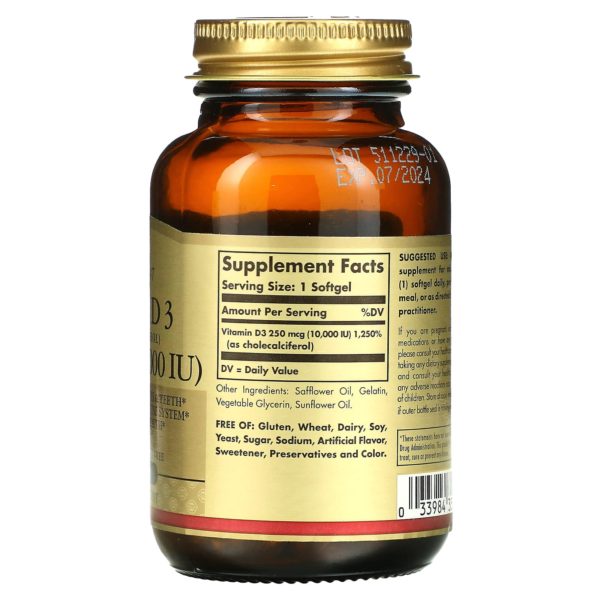 Solgar, Vitamina D3 (colecalciferol), 250 mcg (10.000 UI), 120 cápsulas blandas - Imagen 2