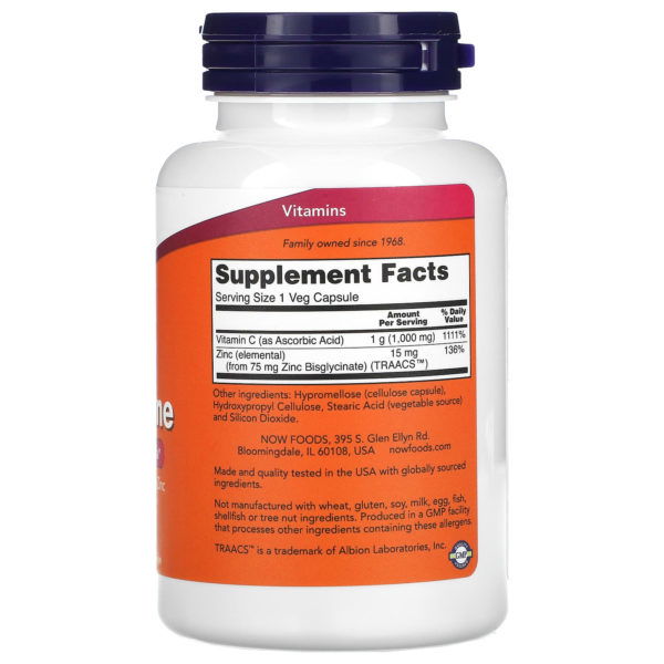 NOW Foods, Suplemento inmunitario de vitamina C-1000 y zinc, 1000 mg de vitamina C y 15 mg de zinc, 90 cápsulas vegetales - Imagen 2