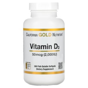California Gold Nutrition, Vitamina D3, 50 mcg (2000 UI), 360 cápsulas blandas de gelatina de pescado