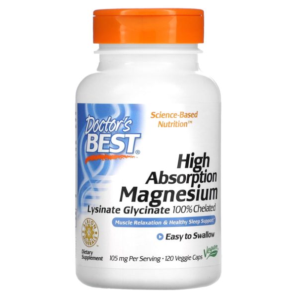 Doctor's Best, Magnesio de alta absorción, Glicinato de lisinato 100% quelado, 52,5 mg, 120 cápsulas vegetales