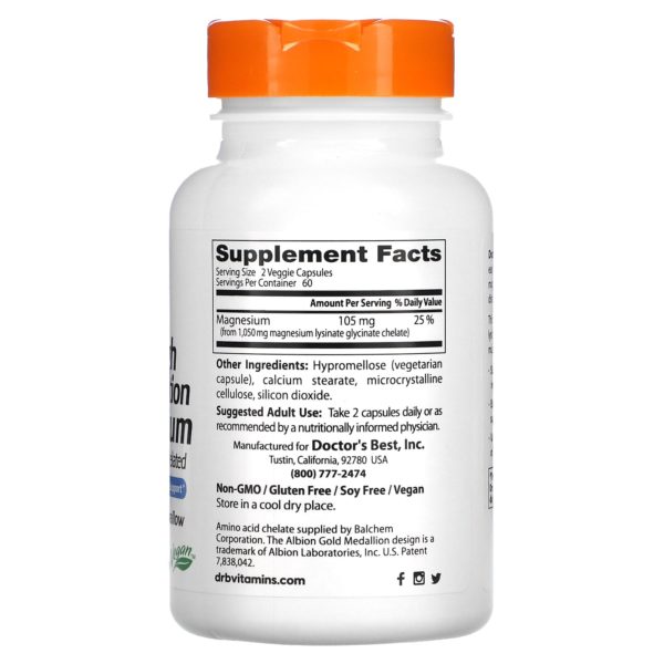 Doctor's Best, Magnesio de alta absorción, Glicinato de lisinato 100% quelado, 52,5 mg, 120 cápsulas vegetales - Imagen 2