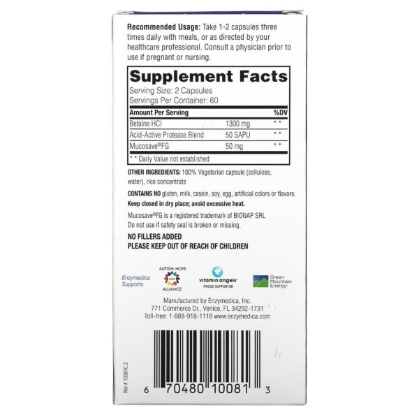 Enzymedica, Clorhidrato de betaína, 120 cápsulas - Imagen 2