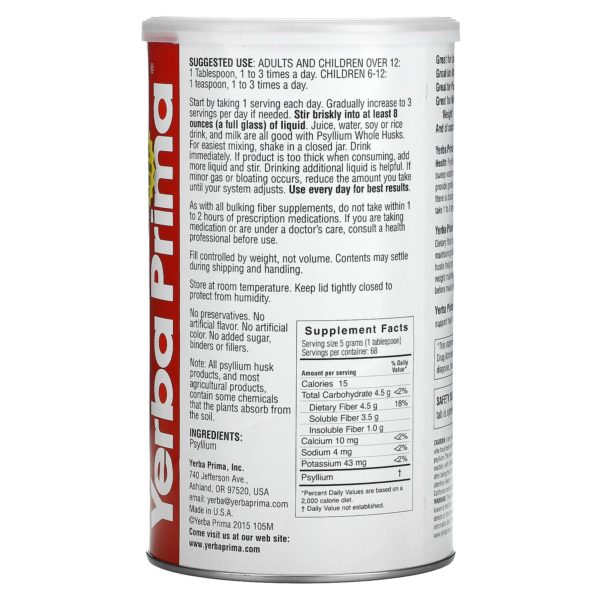 Yerba Prima, Cáscaras enteras de psyllium, Limpiador de colon, 340 g (12 oz) - Imagen 2