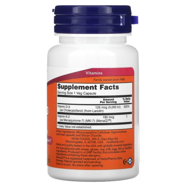 NOW Foods, Megavitamina D3 y MK-7, 180 mcg, (5000 UI), 60 cápsulas vegetales - Imagen 2