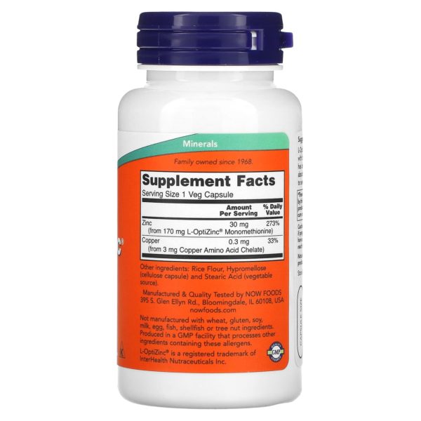 NOW Foods, L-OptiZinc, 30 mg, 100 cápsulas vegetales - Imagen 2