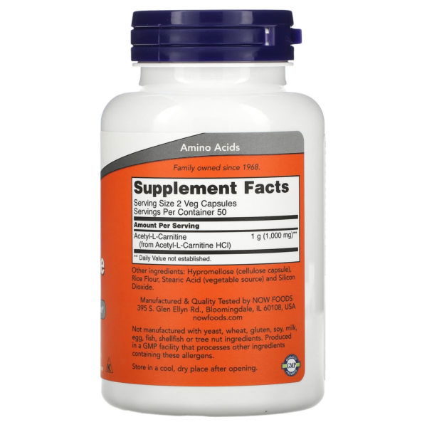 NOW Foods, Acetil-L-Carnitina, 500 mg, 100 cápsulas vegetales - Imagen 2