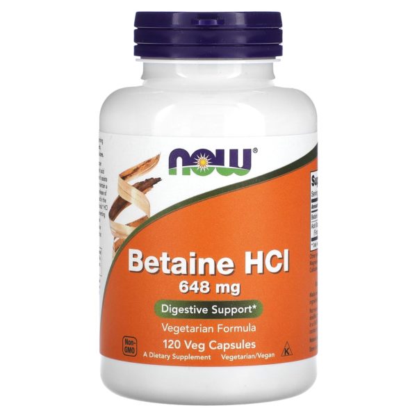 NOW Foods, Clorhidrato de betaína, 648 mg, 120 cápsulas vegetales