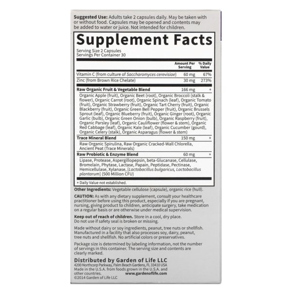 Garden of Life, Vitamin Code, RAW Zinc, 60 cápsulas veganas - Imagen 2