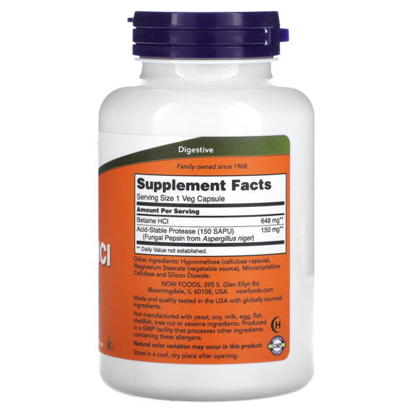 NOW Foods, Clorhidrato de betaína, 648 mg, 120 cápsulas vegetales - Imagen 2