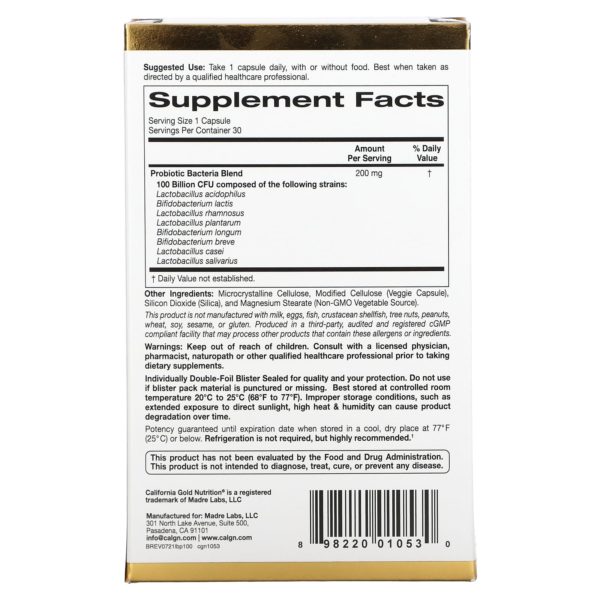 California Gold Nutrition, Probióticos LactoBif 100, 100.000 millones de UFC, 30 cápsulas vegetales - Imagen 2