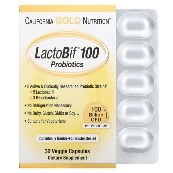 California Gold Nutrition, Probióticos LactoBif 100, 100.000 millones de UFC, 30 cápsulas vegetales