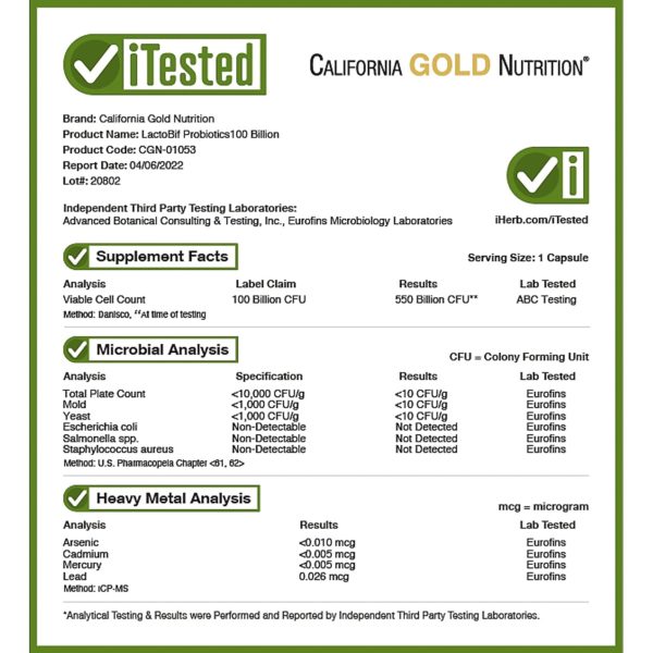 California Gold Nutrition, Probióticos LactoBif 100, 100.000 millones de UFC, 30 cápsulas vegetales - Imagen 4