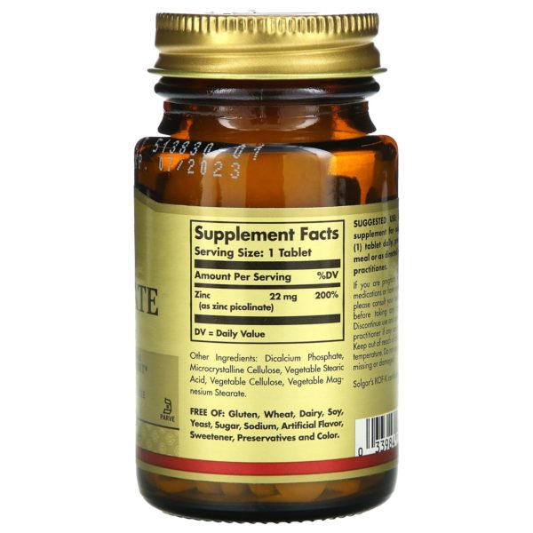 Solgar, Picolinato de zinc, 100 comprimidos - Imagen 2